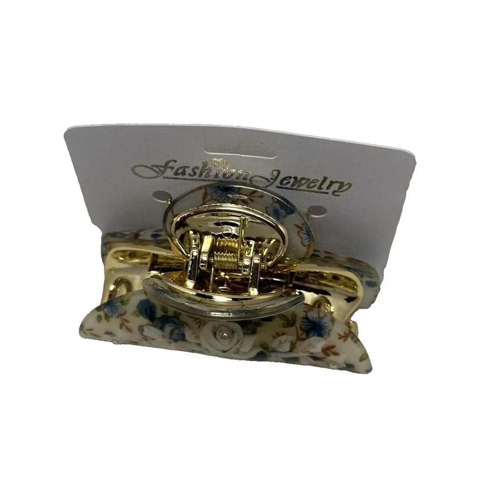 Floral‎ Hair Claw Clip Blue White Rose Rhinestone Gold Tone Spring Accessory